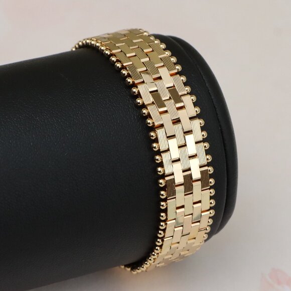 "Wide Rose Gold Bracelet with Textured Interlink & Ball Edge Design, XPBL0873 - Picture 1 of 13